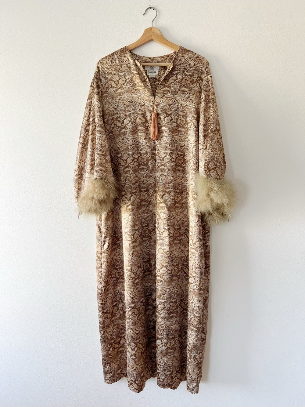 VALENTINO | Vintage Hollywood Glam Satin Snakeprint Zip Duster Feather Cuffs | M